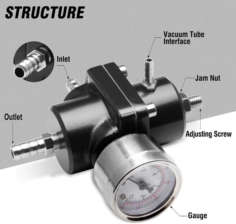 HTRACING Adjustable Fuel Pressure Regulator with Gauge Hose 0-140 PSI Universal 6AN FPR Kit Aluminum Black - Image 2