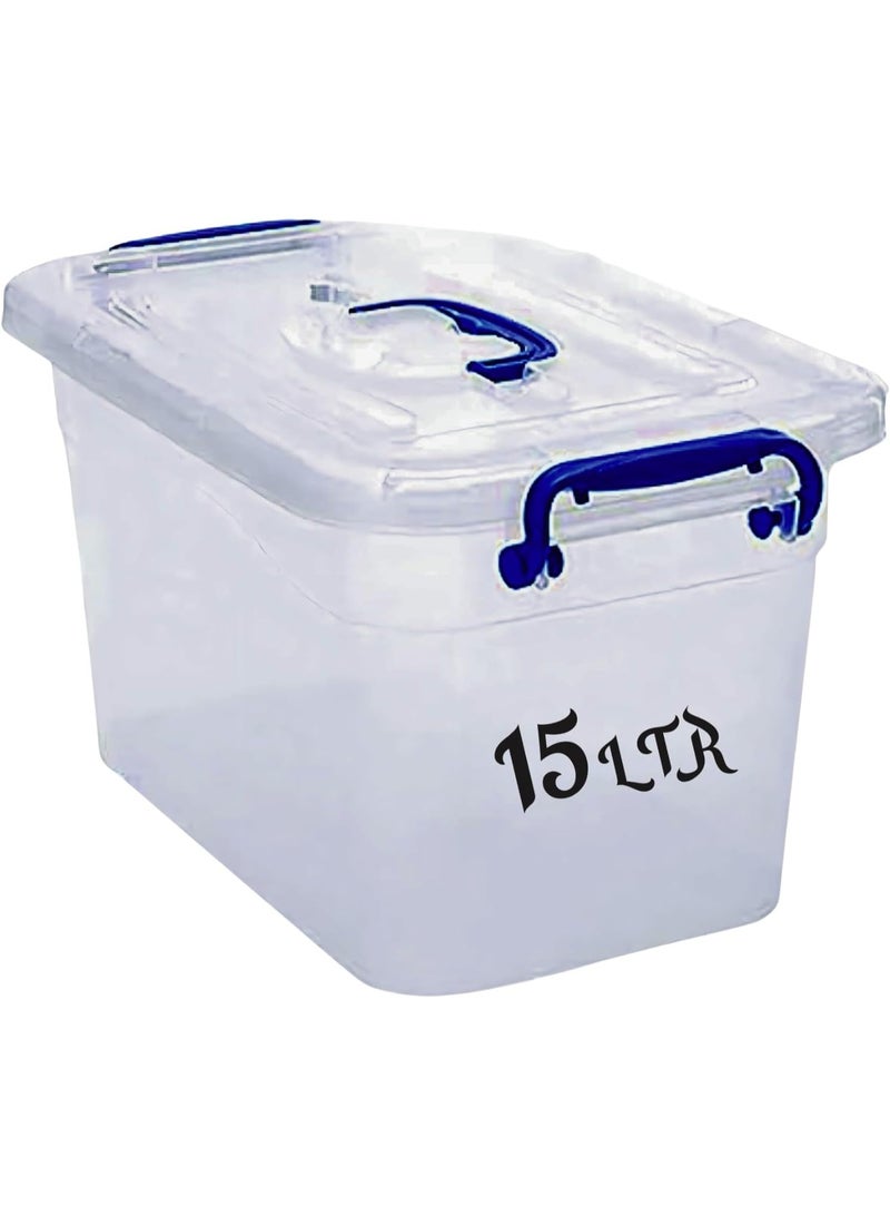 هيواري صندوق تخزين بلاستيكي شفاف من هاي وير سعة 15 لترًا بغطاء قابل للقفل | حاوية تنظيم شفافة للملابس والألعاب والأدوات والفنون والحرف اليدوية | حل تخزين قابل للتكديس بمقبض - Image 1