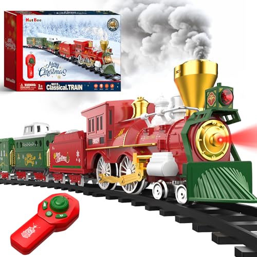 Hot Bee Christmas Train Set with Remote Control Train Toys wSmoke Lights Sound Christmas Train Sets for Around The Tree Toy Train for Kids Train Set for 3 4 5 6 7 Years Old Boys Gifts - Image 1