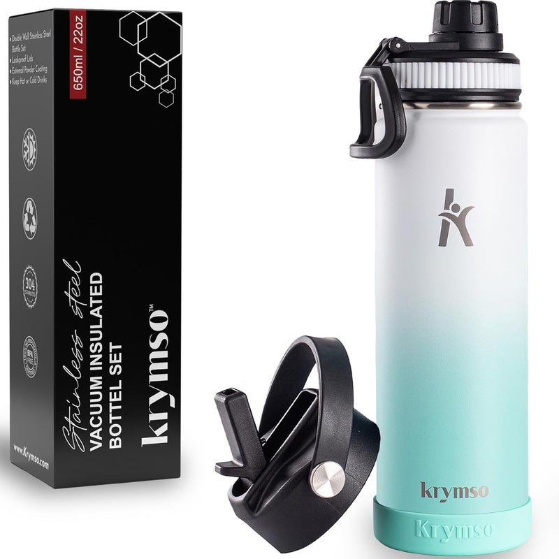 KRYMSO Stainless Steel Water Bottle 650ml – Insulated Sports Thermos Flask for Hot & Cold Drinks – Leakproof, Durable, BPA-Free – Ideal for Gym, Travel, Hiking (White Mint) - Image 1