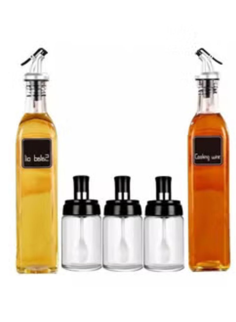 طقم زيت وخل مكون من زجاجتين موزع 500 مل و3 مرطبانات توابل مع ملاعق - شفاف - Image 2
