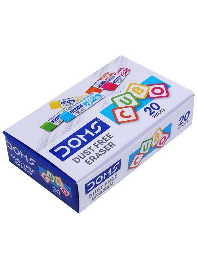 Doms Dust Free Cubo Eraser Box Pack | Comfortable Edge for Easy Handling | Non-Toxic & Safe for Kids | Attractive Body Colors | Pack of 20 Pcs