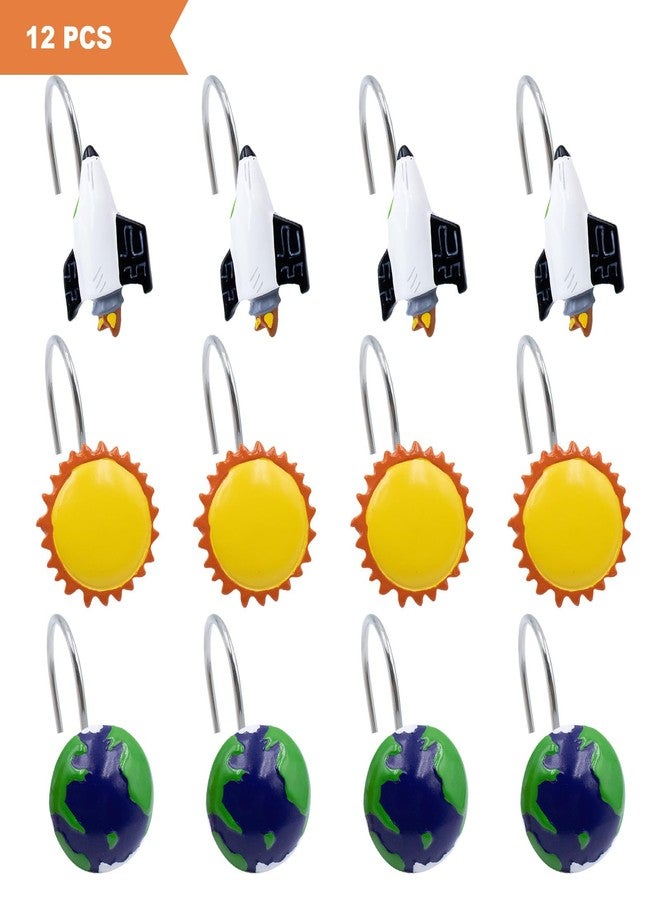 Faitove Cute Shower Curtain Hooks Kids Decorative Outer Space Bathroom Decor Galaxy Earth Sun Rocket Planet Airship Shower Curtain Rings Stainless Steel 12 PCS - Image 2