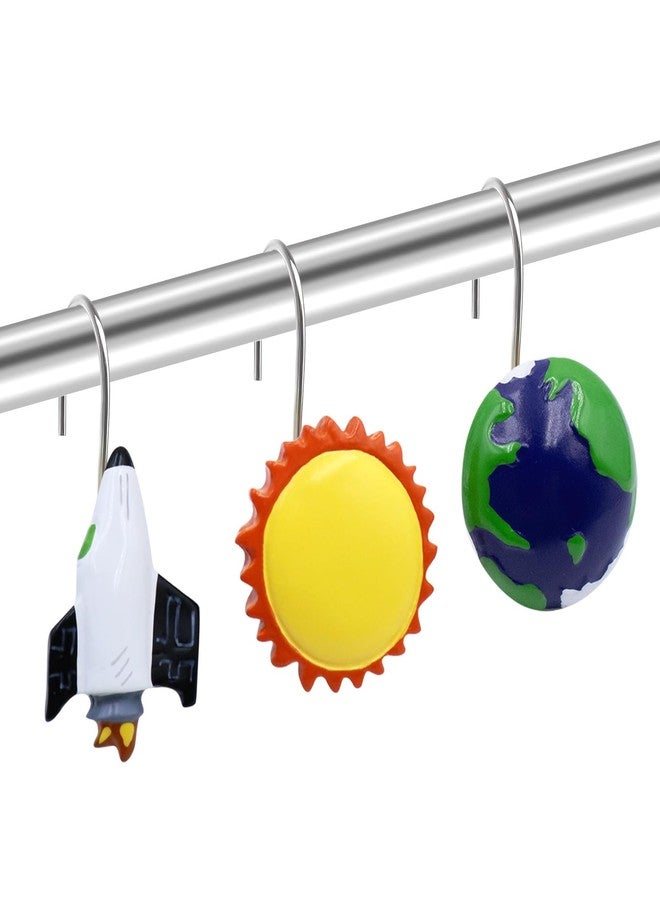 Faitove Cute Shower Curtain Hooks Kids Decorative Outer Space Bathroom Decor Galaxy Earth Sun Rocket Planet Airship Shower Curtain Rings Stainless Steel 12 PCS - Image 1