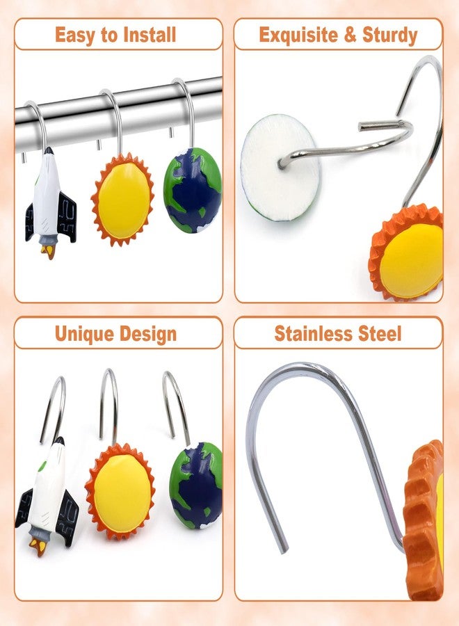 Faitove Cute Shower Curtain Hooks Kids Decorative Outer Space Bathroom Decor Galaxy Earth Sun Rocket Planet Airship Shower Curtain Rings Stainless Steel 12 PCS - Image 5