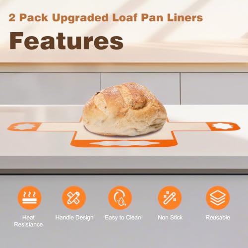 Enskatec 2 Pcs Reusable Silicone Bread Loaf Pan Liners, Food-Grade Silicone Bread Baking Mat with 4 Handles, Non-Stick & Heat Resistant Loaf Pan Lifters, Sourdough Sling for 9x5" or 1.5Lb Loaf Pans (Orange) - Image 2