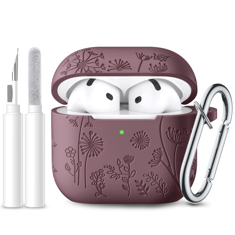 Lerobo for Airpods 4 Case Cover 2024, Cute Flower Engraved Silicone Protective Case Cover with Cleaner Kit Compatible with Airpod 4 Case 2024, Smokey Mauve - Image 1