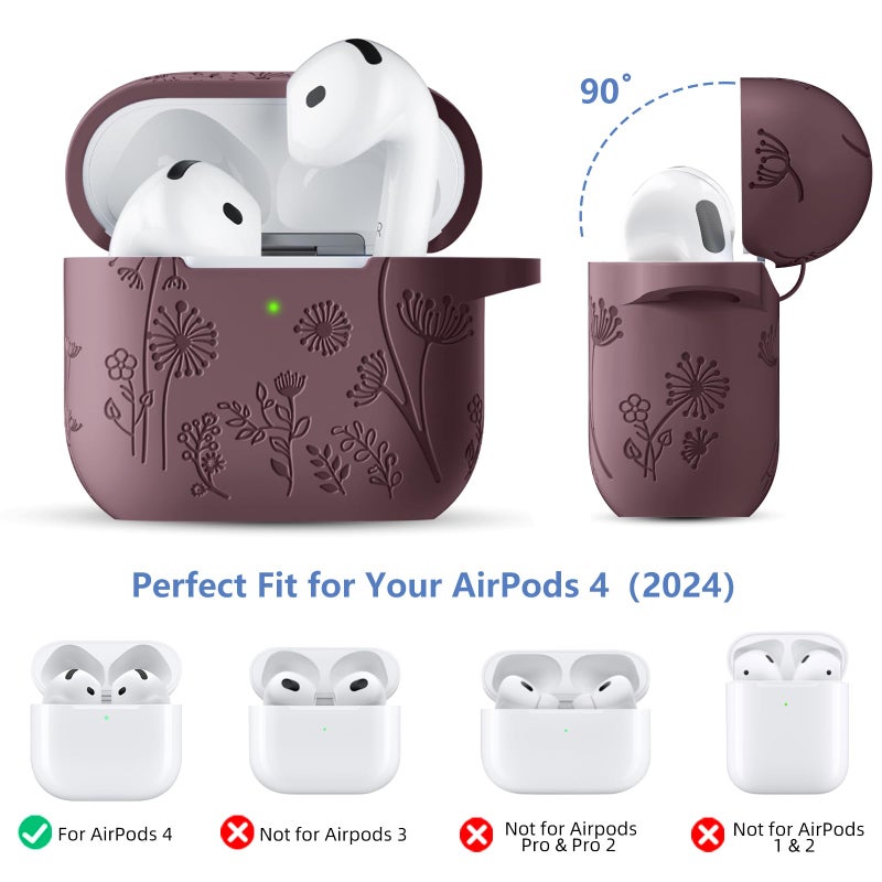 Lerobo for Airpods 4 Case Cover 2024, Cute Flower Engraved Silicone Protective Case Cover with Cleaner Kit Compatible with Airpod 4 Case 2024, Smokey Mauve - Image 4