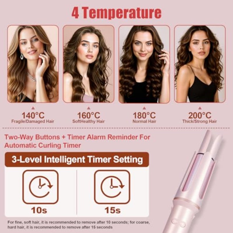 Automatic Curling Iron, 1-Inch Rotating Hair Curler for Women Two-way rotation, 4 temperature settings and 3 timers create curls, ceramic, anti-scald, anti-tangle design and auto shutoff - Image 2