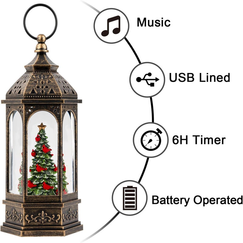 Solgicar Lighted Christmas Tree Cardinal Music Snow Globe Water Lantern with Swirling Glitter Decoration for Christmas Home, Living Room, Battery Operated or USB Powered for Christmas Decoration - Image 2