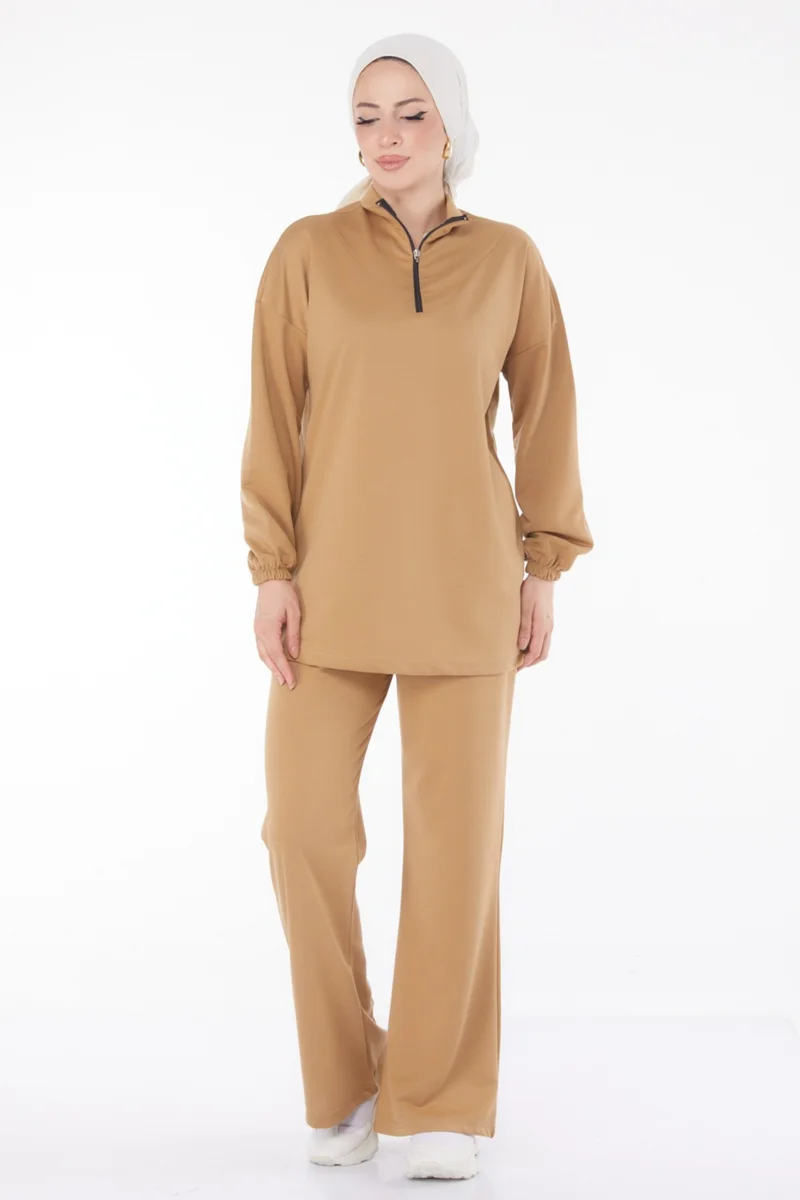 Tofisa Plain Crew Neck Women's Tan Tunic Pants - 13074