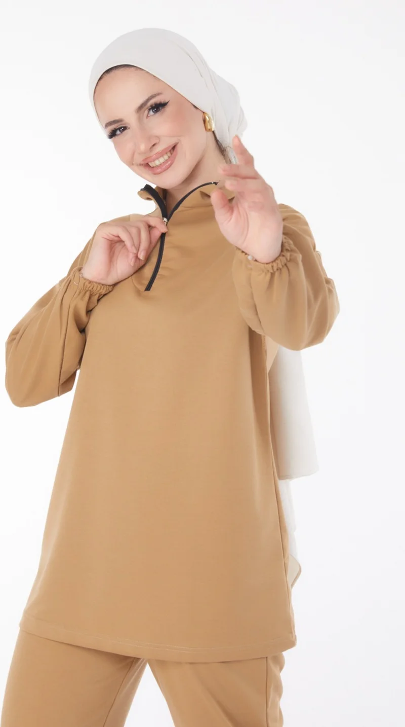 Tofisa Plain Crew Neck Women's Tan Tunic Pants - 13074