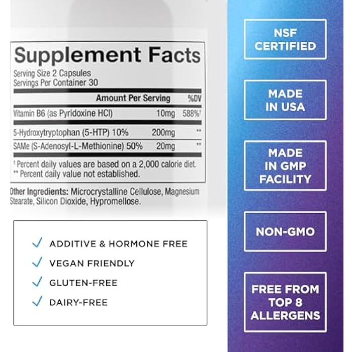 DR EMIL NUTRITION DR. EMIL NUTRITION 200 MG 5-HTP Plus with SAM-e to Maintain Normal Healthy Sleep and Create a Sense of Wellbeing - 5HTP Supplement with Vitamin B6-60 Vegan Capsules, 30 Servings - Image 2