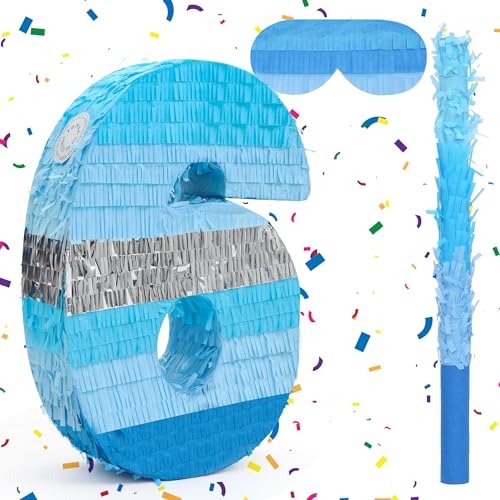 Birchio Number 6 Pinata Bundle with a Blindfold and Bat162 x 109 x 4 Inches Perfect for Boys and Girls Birthday Party Supplies Blue Theme Birthday Decoration - Image 1