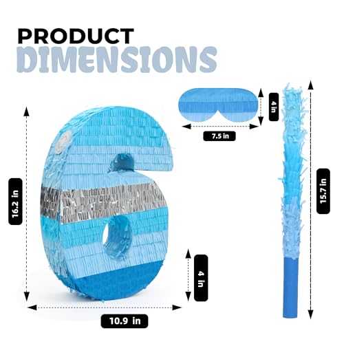 Birchio Number 6 Pinata Bundle with a Blindfold and Bat162 x 109 x 4 Inches Perfect for Boys and Girls Birthday Party Supplies Blue Theme Birthday Decoration - Image 5