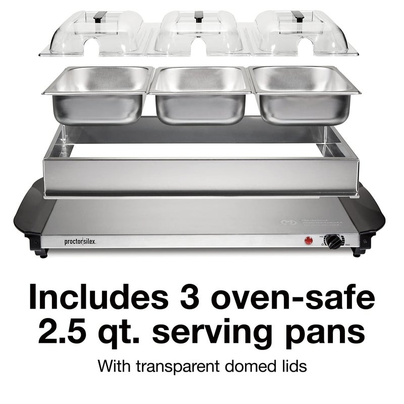Proctor Silex Buffet Server & Food Warmer, Adjustable Heat, for Parties, Holidays and Entertaining, Three 2.5 Quart Oven-Safe Chafing Dish Set, Stainless Steel - Image 4