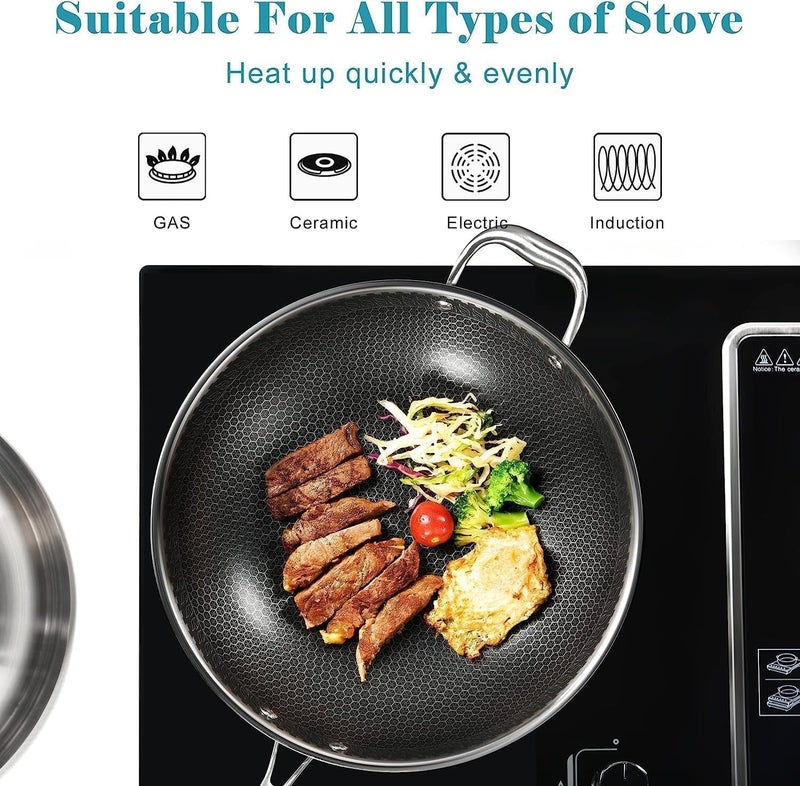 JILMAJ Stainless Steel Stir Fry Wok Pan | Frying Pan of 36 cm Diameter with Honeycomb Nonstick Coating Skillet, Scratch Resistant, Food Safe,Non Stick Kitchenware,Stainless Steel Big Loya - Image 4