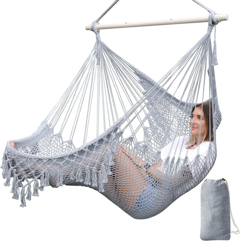 Chihee Hammock Chair Super Large Hanging Chair Soft-Spun Cotton Rope Weaving Chair, Collapsible Strong Metal Spreader Bar Wide Seat Lace Stretch Swing Chair Indoor Outdoor Garden Yard Theme Decoration - Image 1