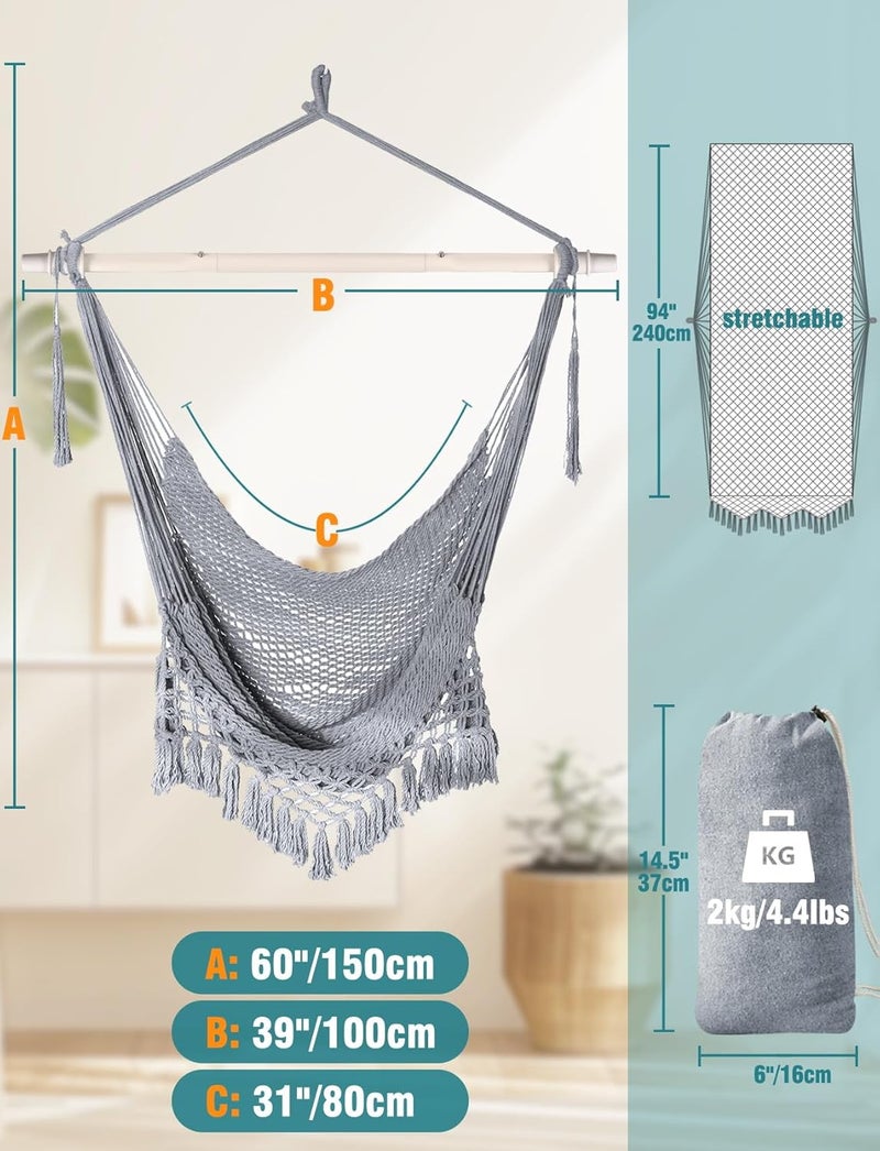 Chihee Hammock Chair Super Large Hanging Chair Soft-Spun Cotton Rope Weaving Chair, Collapsible Strong Metal Spreader Bar Wide Seat Lace Stretch Swing Chair Indoor Outdoor Garden Yard Theme Decoration - Image 4