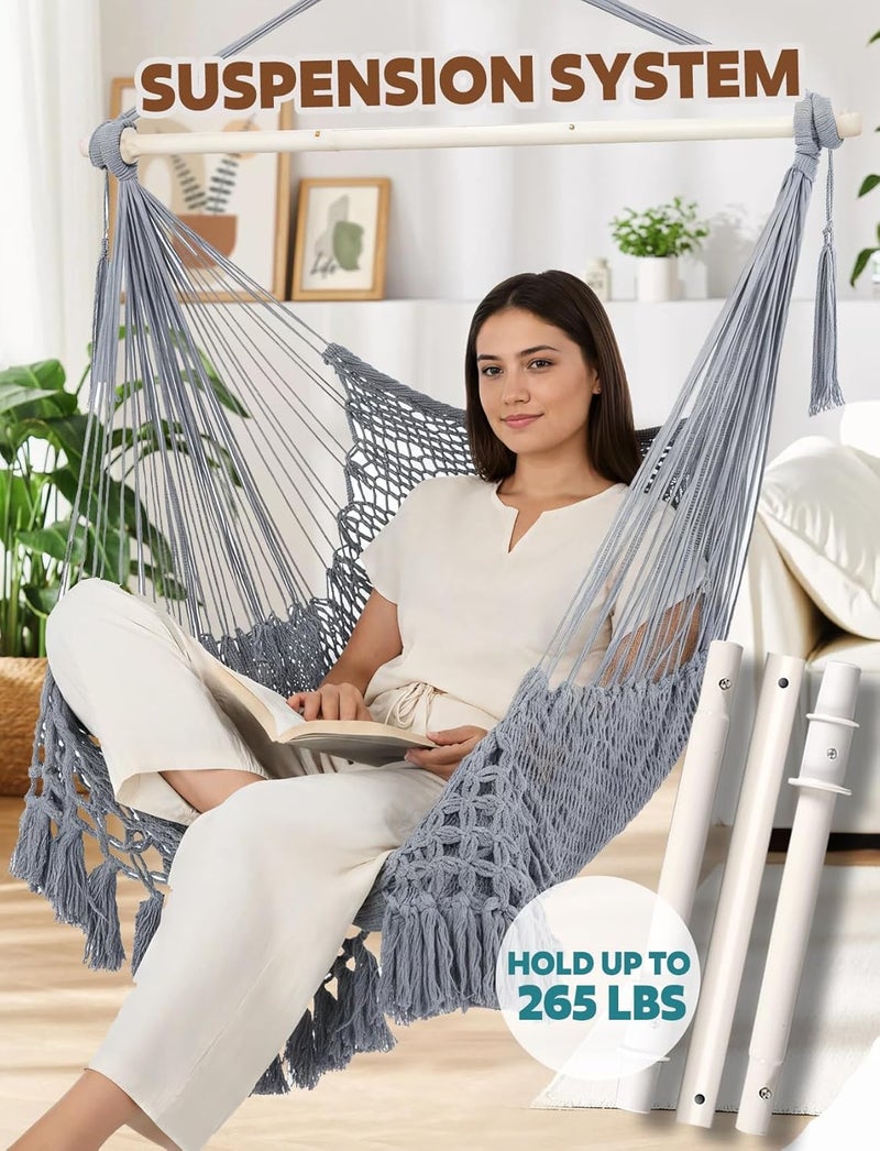 Chihee Hammock Chair Super Large Hanging Chair Soft-Spun Cotton Rope Weaving Chair, Collapsible Strong Metal Spreader Bar Wide Seat Lace Stretch Swing Chair Indoor Outdoor Garden Yard Theme Decoration - Image 5