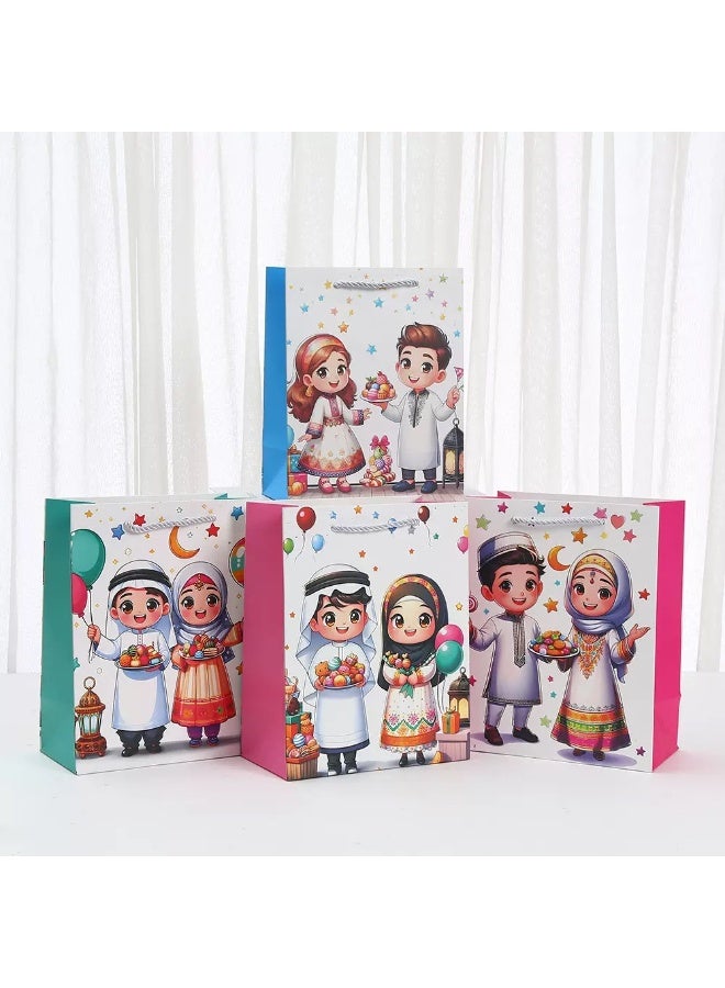 12PCS Ramadan & Eid Cartoon Moon Paper Gift Bags – 4 Assorted Designs, White Cardboard Party Favor Handheld Bags for Kids Gifts & Celebration Packaging, 23×18×10cm