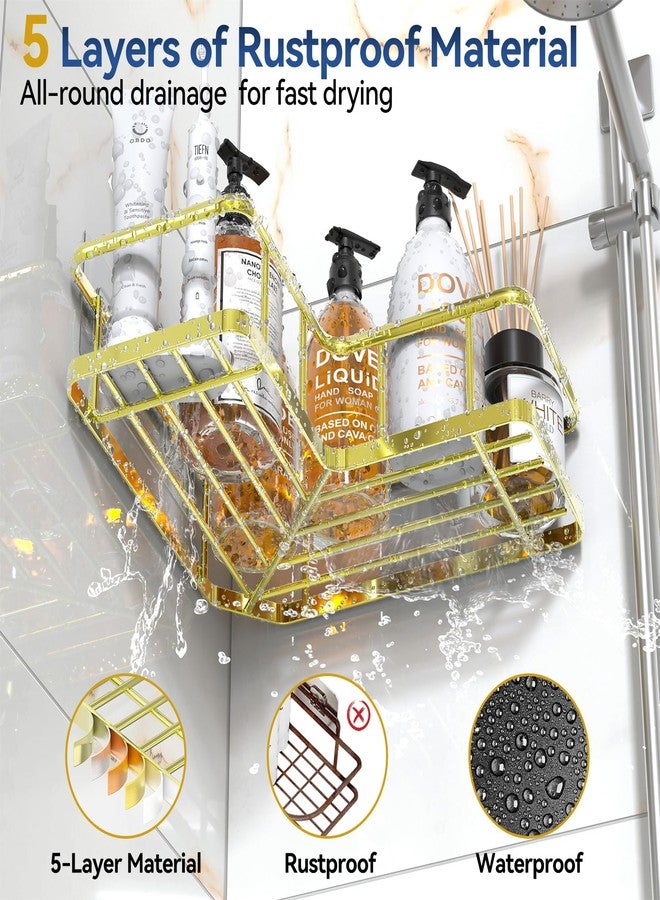 YASONIC Corner Shower Caddy Organizer, 5-Pack Self-Adhesive Rustproof Bath Shelves with Soap Holder & 4 Hooks, Large Capacity Shower Storage Rack for Bathroom Organization, Gold - Image 3