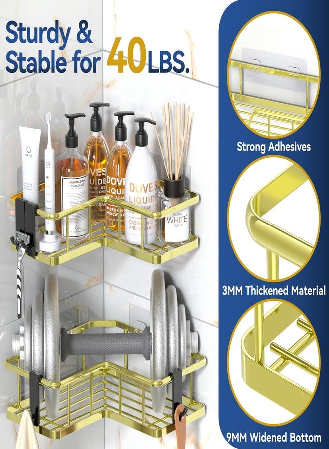 YASONIC Corner Shower Caddy Organizer, 5-Pack Self-Adhesive Rustproof Bath Shelves with Soap Holder & 4 Hooks, Large Capacity Shower Storage Rack for Bathroom Organization, Gold - Image 2