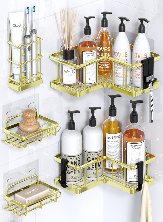 YASONIC Corner Shower Caddy Organizer, 5-Pack Self-Adhesive Rustproof Bath Shelves with Soap Holder & 4 Hooks, Large Capacity Shower Storage Rack for Bathroom Organization, Gold - Image 1