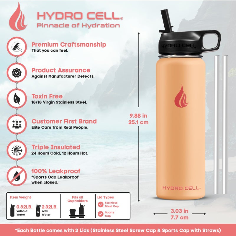 HYDRO CELL Stainless Steel Insulated Water Bottle with Straw - For Cold & Hot Drinks - Metal Vacuum Flask with Screw Cap and Modern Leakproof Sport Thermos for Adults (Peach 24oz) - Image 4