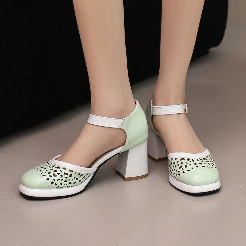 Summer 2024 Comfortable Mid-Heel 33-48 Breathable Burned Flower Color Buckle Band Hollow Sandals For Women - Image 5