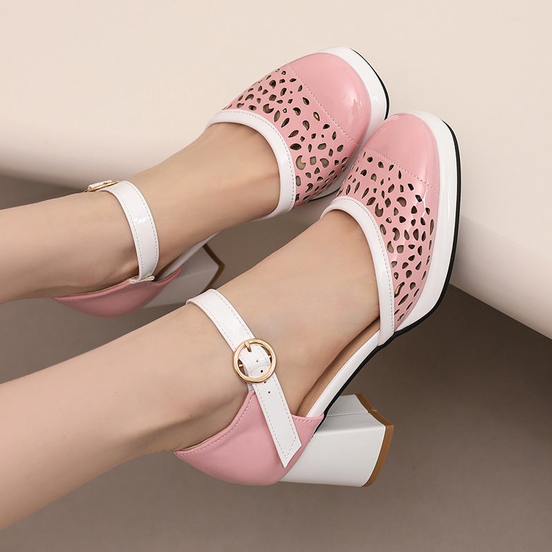 Summer 2024 Comfortable Mid-Heel 33-48 Breathable Burned Flower Color Buckle Band Hollow Sandals For Women - Image 4