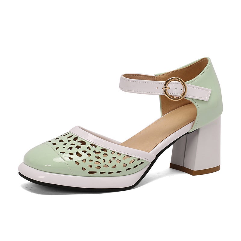 Summer 2024 Comfortable Mid-Heel 33-48 Breathable Burned Flower Color Buckle Band Hollow Sandals For Women - Image 1