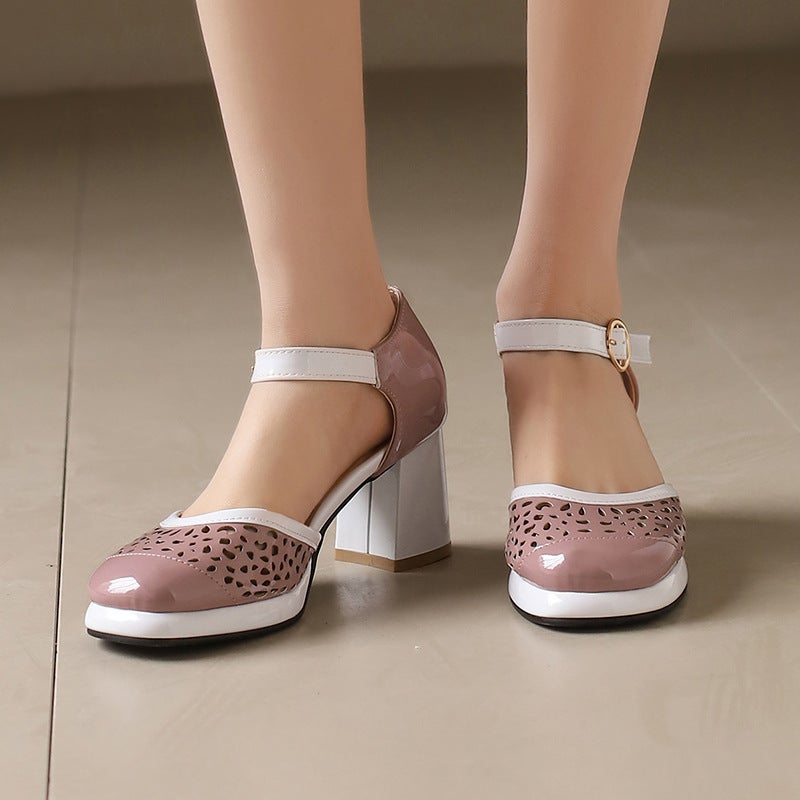 Summer 2024 Comfortable Mid-Heel 33-48 Breathable Burned Flower Color Buckle Band Hollow Sandals For Women - Image 3