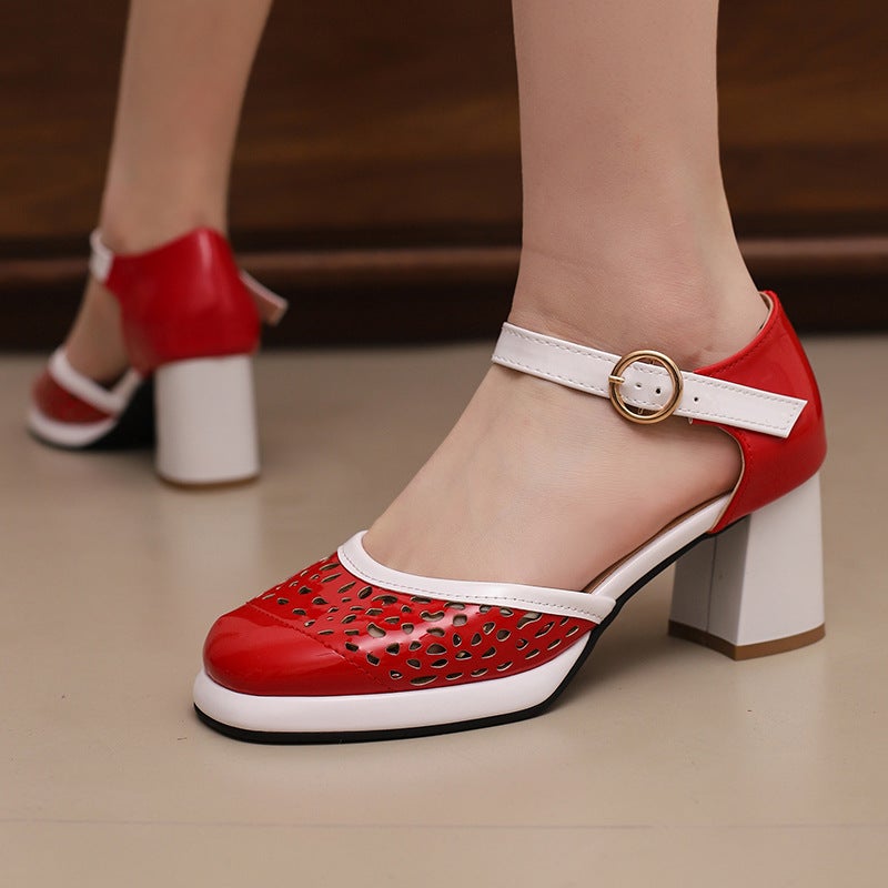 Summer 2024 Comfortable Mid-Heel 33-48 Breathable Burned Flower Color Buckle Band Hollow Sandals For Women - Image 2