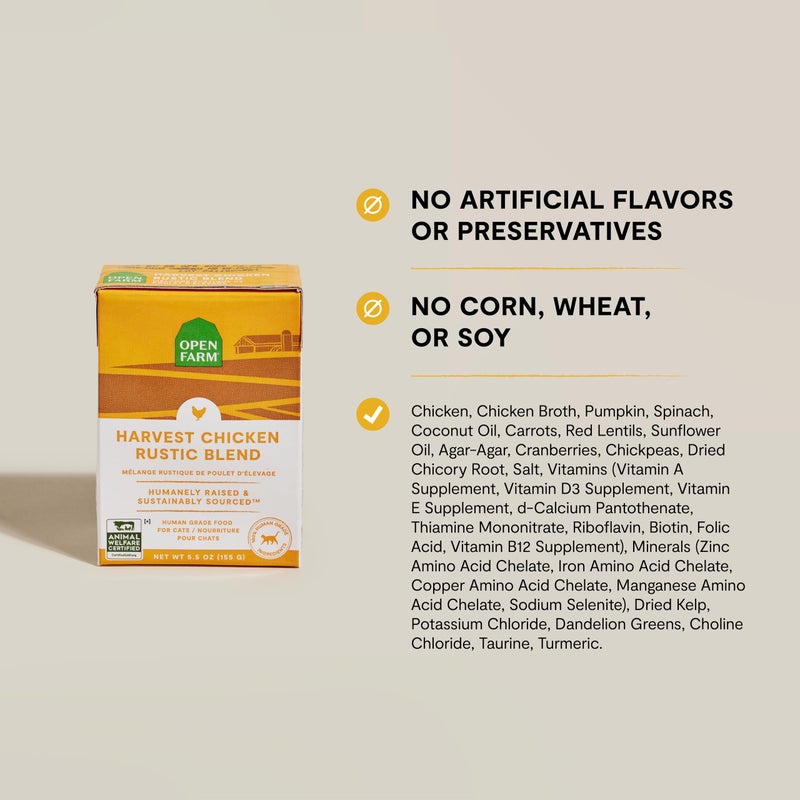 Open Farm Rustic Blend Wet Cat Food, Complete & Balanced Medley with Human-Grade Ingredients, Humanely-Raised Meat, Non-GMO Veggies & Bone Broth, Harvest Chicken Recipe, 5.5oz Packs (Case of 12) - Image 2