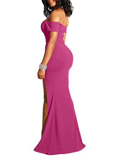 YMDUCH Women's Off Shoulder High Split Long Formal Party Dress Evening Gown Rose - Image 3