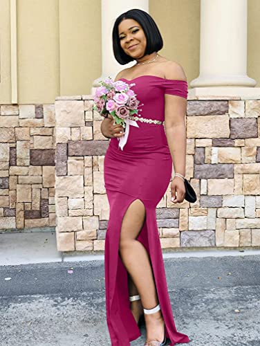 YMDUCH Women's Off Shoulder High Split Long Formal Party Dress Evening Gown Rose - Image 5