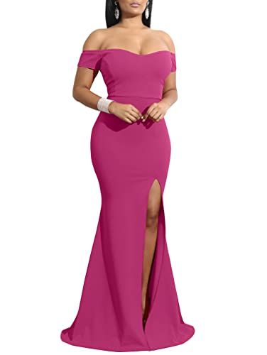 YMDUCH Women's Off Shoulder High Split Long Formal Party Dress Evening Gown Rose - Image 1
