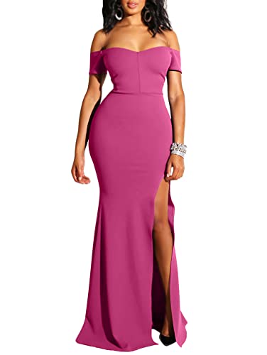 YMDUCH Women's Off Shoulder High Split Long Formal Party Dress Evening Gown Rose - Image 2