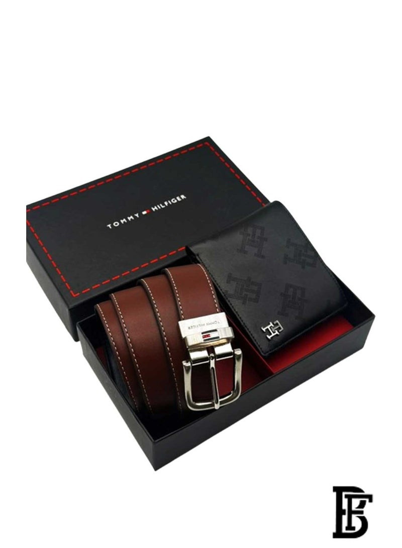 تومي هيلفيغر سبورت طقم هدية رجالي تومي هيلفيغر محفظة جلدية وحزام أسود / بني - أسود