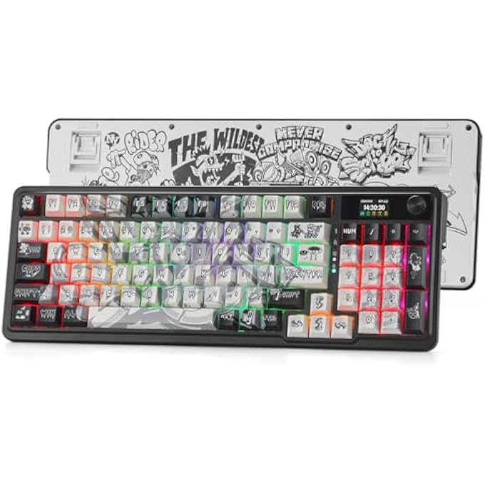 rayihni لوحة مفاتيح الألعاب اللاسلكية K719 PRO مع شاشة HYPE وقرص تحكم، 95 مفتاح ميكانيكي، شاشة معلومات TFT بحجم 1.14 بوصة، تقليل الضوضاء بخمس طبقات، مفاتيح PBT مطبوعة بتقنية الجرافيتي الشارعي - Image 1