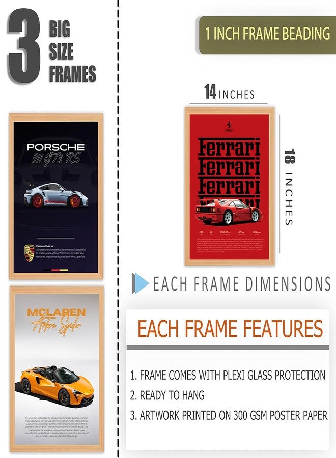 Gamya Engineered Wood Big Cars Framed Posters For Wall Decoration, Bedroom, Living Room, Gift Item For Boys | BMW, Porsche, Ferrari, Mercedes Posters Set of 3 (14x18 Inches) (Combo 1) - Image 2