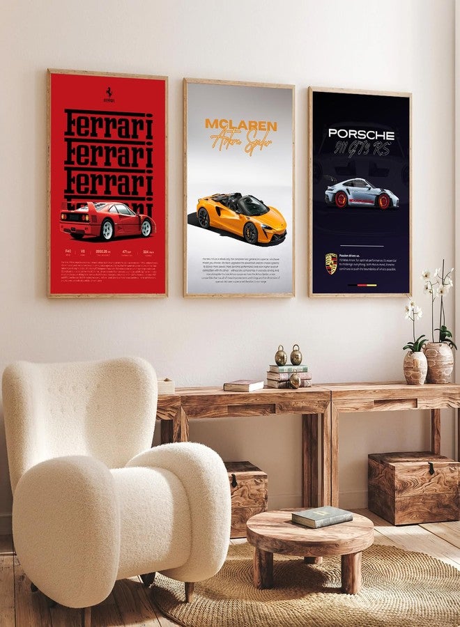 Gamya Engineered Wood Big Cars Framed Posters For Wall Decoration, Bedroom, Living Room, Gift Item For Boys | BMW, Porsche, Ferrari, Mercedes Posters Set of 3 (14x18 Inches) (Combo 1) - Image 1