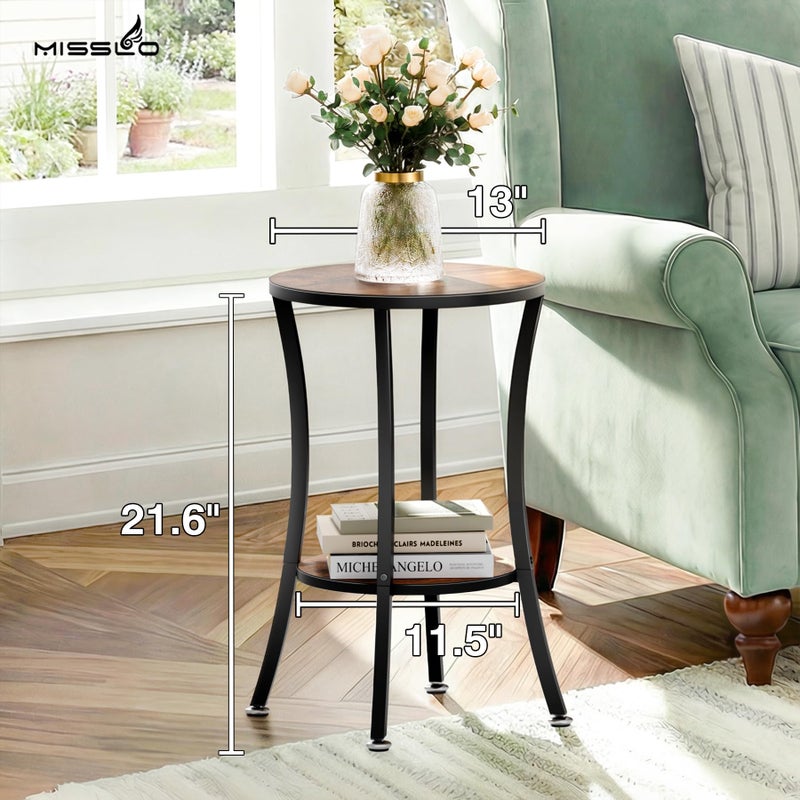 MISSLO Round End Table Living Room 2-Tier Small Side Table Sturdy Small Accent Tables Nightstand for Living Room, Bedroom, Brown - Image 2