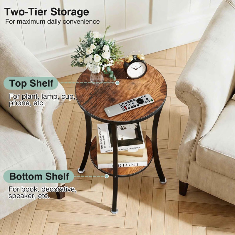 MISSLO Round End Table Living Room 2-Tier Small Side Table Sturdy Small Accent Tables Nightstand for Living Room, Bedroom, Brown - Image 3
