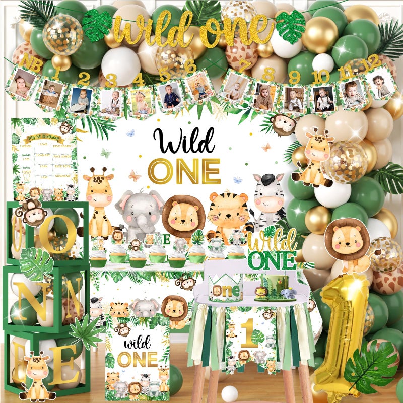 YGCTBVY Wild Birthday DecorationsSafari Birthday Decorations 169pcs 1st birthday Decorations Banner Backdrop Tablecloth Cake Topper Box Balloon Garland for Jungle Safari First Birth day Decor - Image 2