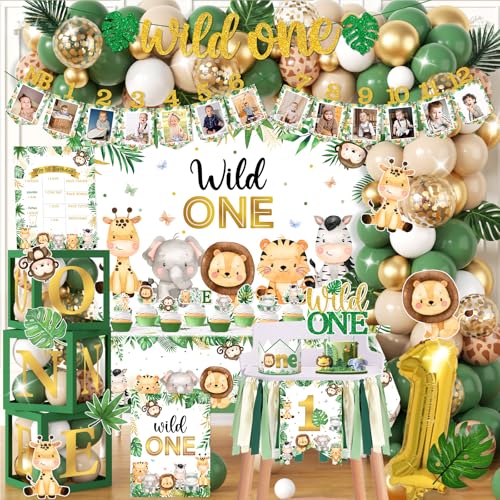 YGCTBVY Wild Birthday DecorationsSafari Birthday Decorations 169pcs 1st birthday Decorations Banner Backdrop Tablecloth Cake Topper Box Balloon Garland for Jungle Safari First Birth day Decor - Image 1