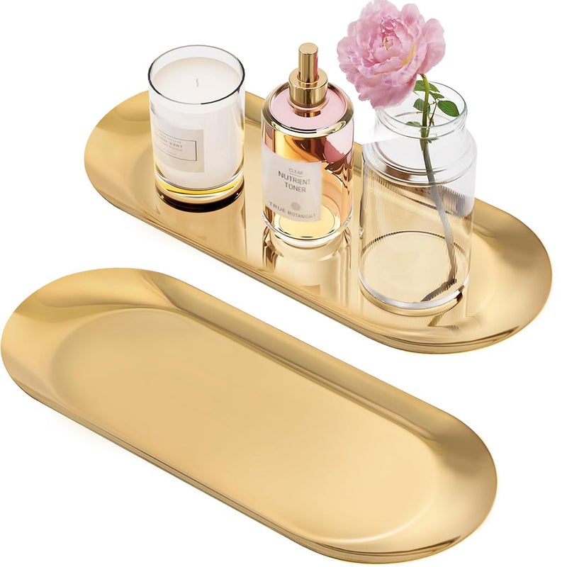 HASTHIP ® 2Pcs Enlarged Golden Rectangular Trays Stainless Steel Bathroom Tray Set,Multipurpose Organizer for Vanity,Makeup,Perfume,Jewelry,Skincare,Durable & Rustproof,Ideal for Home Décor,30x12cm - Image 1