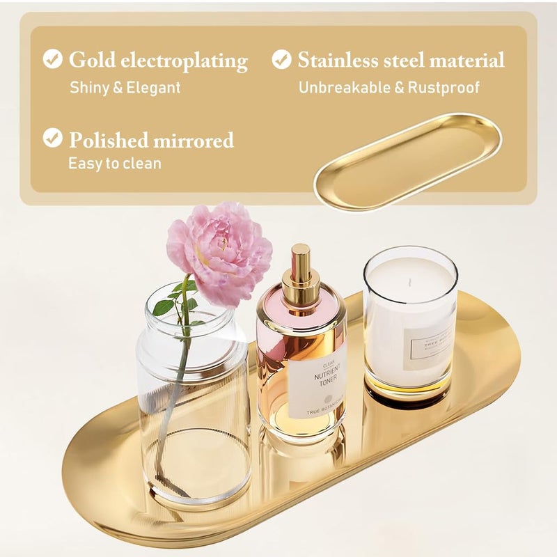 HASTHIP ® 2Pcs Enlarged Golden Rectangular Trays Stainless Steel Bathroom Tray Set,Multipurpose Organizer for Vanity,Makeup,Perfume,Jewelry,Skincare,Durable & Rustproof,Ideal for Home Décor,30x12cm - Image 2