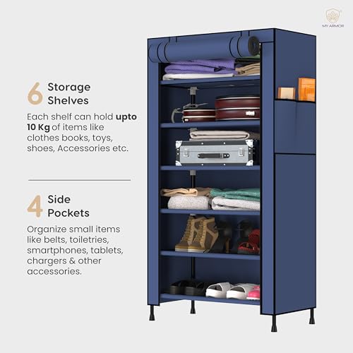 MY ARMOR Multipurpose Collapsible Wardrobe |Multipurpose Storage Rack, Foldable Fabric Wardrobe Organizer for Clothes, 1-Door, 6 Shelves/Cabin - Navy Blue - Image 3